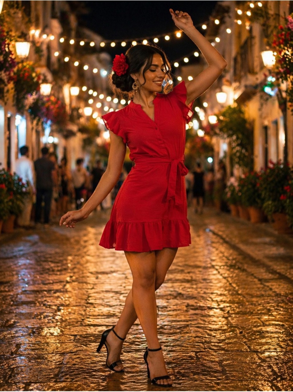 Who What Wear Red Ruffle Tie-Waist Mini Dress Large